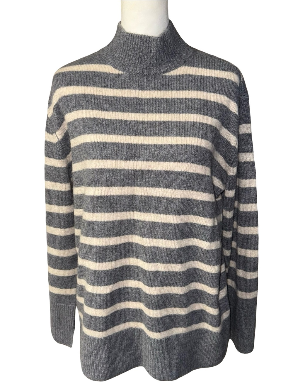 LOFT Cashmere Gray Cream Striped Mock Neck Sweater Medium M Cozy Warm